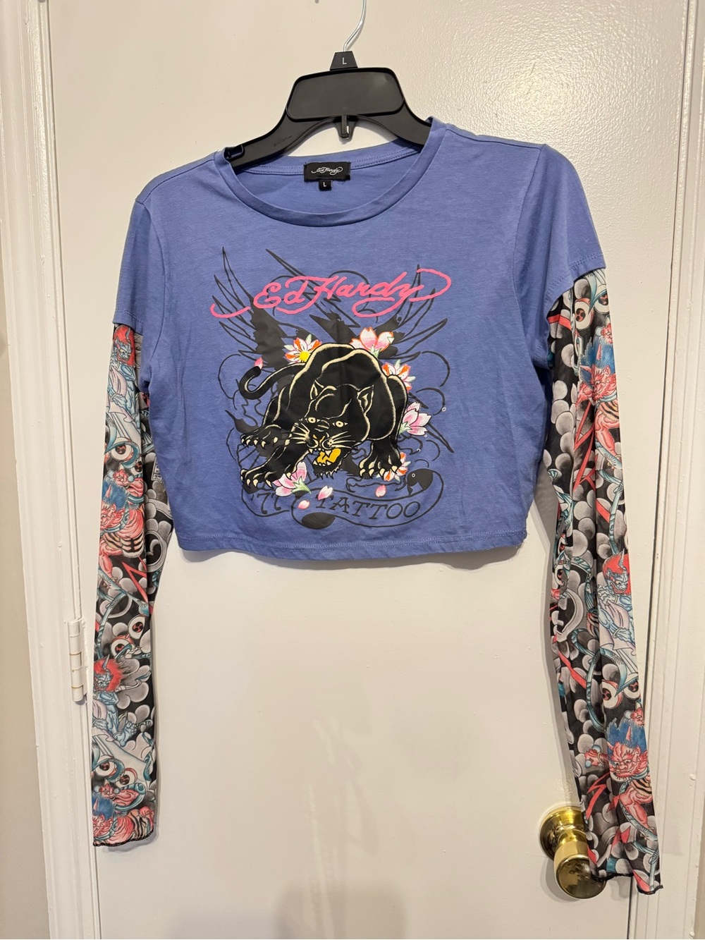 Ed Hardy Swallow 2fer Midnight Long Sleeve Crop T-Shirt Size L